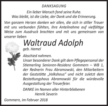 Traueranzeige von Waltraud Adolph (geb. Hamel)  von Magdeburger Volksstimme