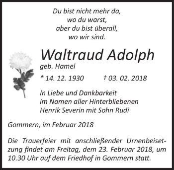 Traueranzeige von Waltraud Adolph (geb. Hamel)  von Magdeburger Volksstimme