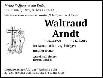 Traueranzeige von Waltraud Arndt  von Magdeburger Volksstimme