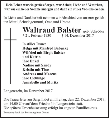 Traueranzeige von Waltraud Balster (geb. Schröder)  von Magdeburger Volksstimme
