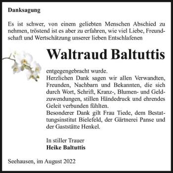 Traueranzeige von Waltraud Baltuttis  von Magdeburger Volksstimme