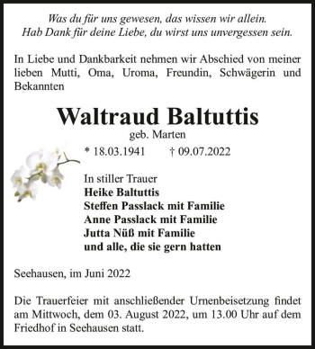 Traueranzeige von Waltraud Baltuttis (geb. Marten)  von Magdeburger Volksstimme