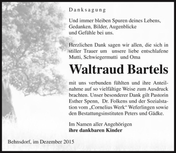Traueranzeige von Waltraud Bartels  von Magdeburger Volksstimme