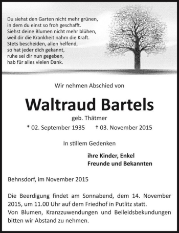 Traueranzeige von Waltraud Bartels (geb. Thätmer)  von Magdeburger Volksstimme
