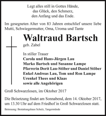 Traueranzeige von Waltraud Bartsch (geb. Zabel)  von Magdeburger Volksstimme