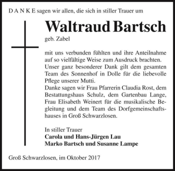 Traueranzeige von Waltraud Bartsch (geb. Zabel)  von Magdeburger Volksstimme