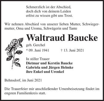 Traueranzeige von Waltraud Baucke (geb. Gerchel)  von Magdeburger Volksstimme