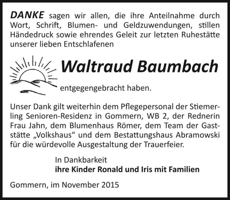  Traueranzeige für Waltraud Baumbach  vom 14.11.2015 aus Magdeburger Volksstimme