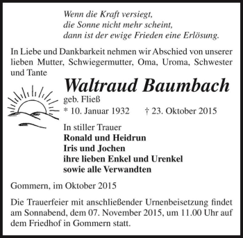 Traueranzeige von Waltraud Baumbach (geb. Fließ)  von Magdeburger Volksstimme