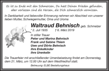 Traueranzeige von Waltraud Behnisch (geb. Schmelzer)  von Magdeburger Volksstimme