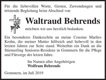Traueranzeige von Waltraud Behrends  von Magdeburger Volksstimme
