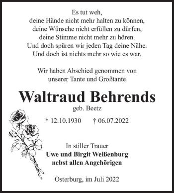 Traueranzeige von Waltraud Behrends (geb. Beetz)  von Magdeburger Volksstimme