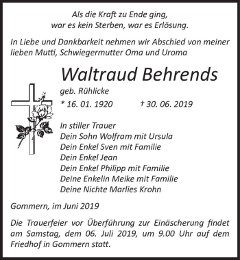 Traueranzeige von Waltraud Behrends (geb. Rühlicke)  von Magdeburger Volksstimme