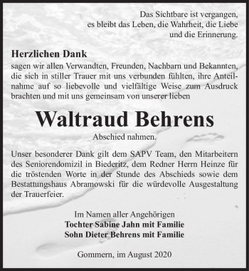 Traueranzeige von Waltraud Behrens  von Magdeburger Volksstimme
