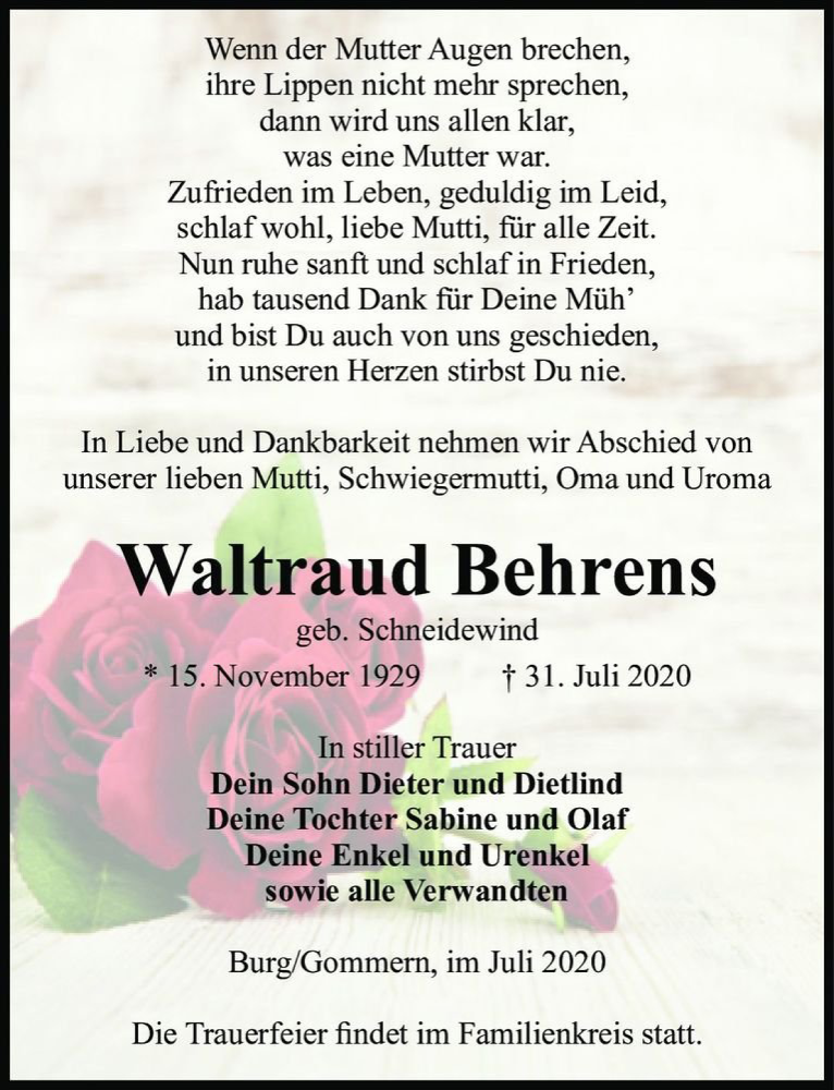  Traueranzeige für Waltraud Behrens  vom 06.08.2020 aus Magdeburger Volksstimme
