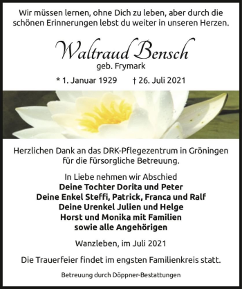 Traueranzeige von Waltraud Bensch (geb. Frymark)  von Magdeburger Volksstimme