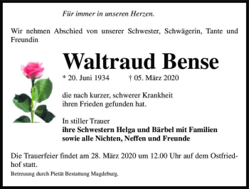 Traueranzeige von Waltraud Bense  von Magdeburger Volksstimme