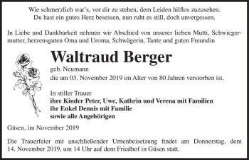 Traueranzeige von Waltraud Berger (geb. Neumann)  von Magdeburger Volksstimme