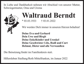 Traueranzeige von Waltraud Berndt  von Magdeburger Volksstimme
