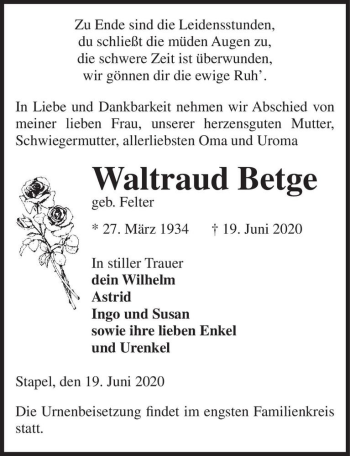 Traueranzeige von Waltraud Betge (geb. Felter)  von Magdeburger Volksstimme