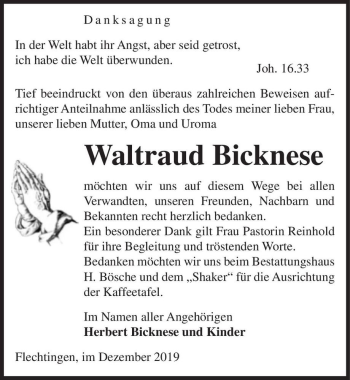 Traueranzeige von Waltraud Bicknese  von Magdeburger Volksstimme