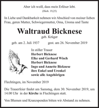 Traueranzeige von Waltraud Bicknese (geb. Krüger)  von Magdeburger Volksstimme
