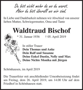 Traueranzeige von Waltraud Bischof  von Magdeburger Volksstimme