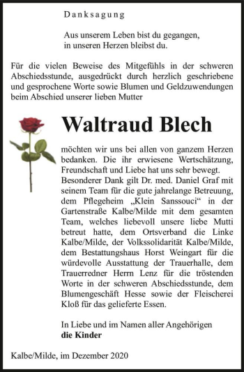 Traueranzeige von Waltraud Blech  von Magdeburger Volksstimme
