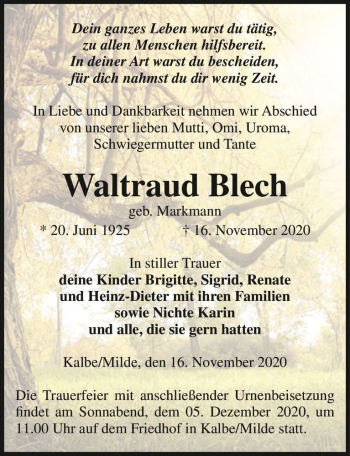 Traueranzeige von Waltraud Blech (geb. Markmann)  von Magdeburger Volksstimme