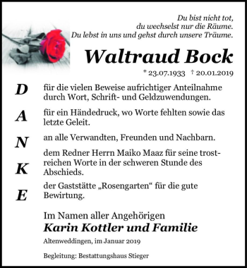 Traueranzeige von Waltraud Bock  von Magdeburger Volksstimme