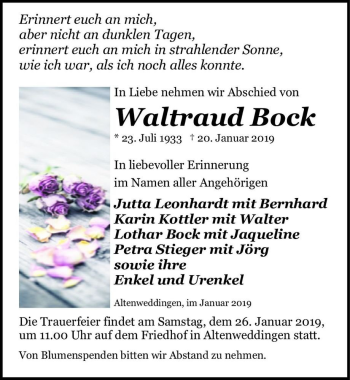 Traueranzeige von Waltraud Bock  von Magdeburger Volksstimme