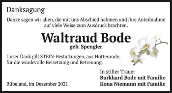 Traueranzeige von Waltraud Bode (geb. Sprengler)  von Magdeburger Volksstimme