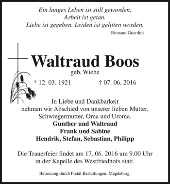 Traueranzeige von Waltraud Boos (geb. Wiehe)  von Magdeburger Volksstimme