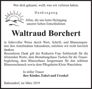 Traueranzeige von Waltraud Borchert  von Magdeburger Volksstimme