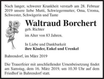 Traueranzeige von Waltraud Borchert (geb. Richter)  von Magdeburger Volksstimme