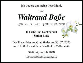Traueranzeige von Waltraud Boße  von Magdeburger Volksstimme