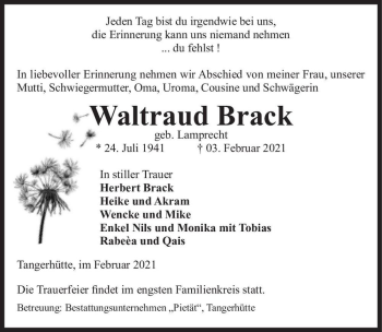 Traueranzeige von Waltraud Brack (geb. Lamprecht)  von Magdeburger Volksstimme