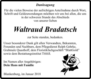 Traueranzeige von Waltraud Bradatsch  von Magdeburger Volksstimme