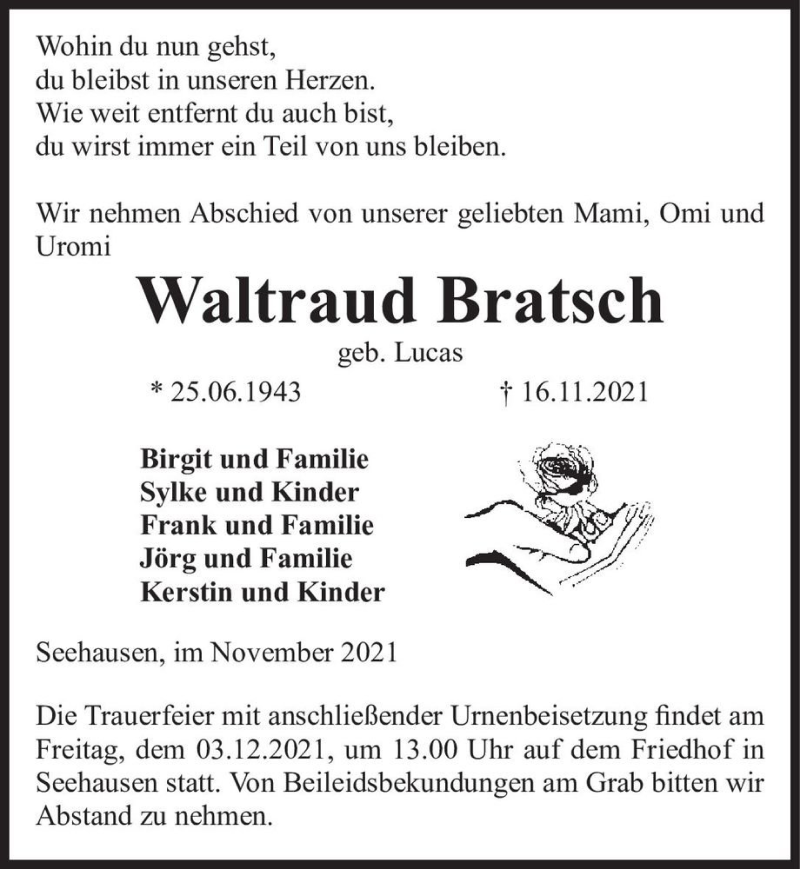  Traueranzeige für Waltraud Bratsch (geb. Lucas)  vom 27.11.2021 aus Magdeburger Volksstimme