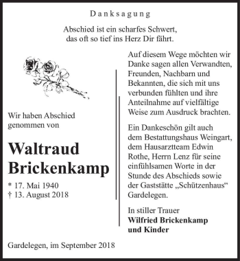 Traueranzeige von Waltraud Brickenkamp  von Magdeburger Volksstimme