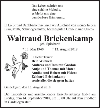 Traueranzeige von Waltraud Brickenkamp (geb. Spitzbarth)  von Magdeburger Volksstimme