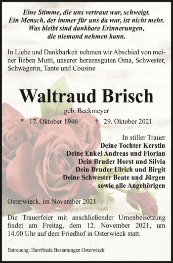 Traueranzeige von Waltraud Brisch (geb. Beckmeyer)  von Magdeburger Volksstimme