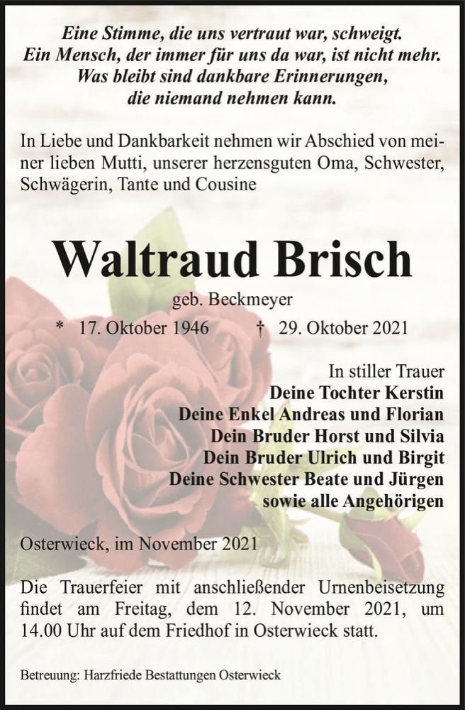  Traueranzeige für Waltraud Brisch (geb. Beckmeyer)  vom 06.11.2021 aus Magdeburger Volksstimme