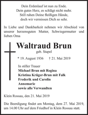 Traueranzeige von Waltraud Brun (geb. Stapel)  von Magdeburger Volksstimme
