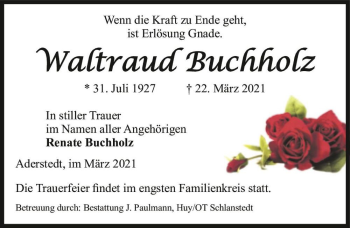 Traueranzeige von Waltraud Buchholz  von Magdeburger Volksstimme