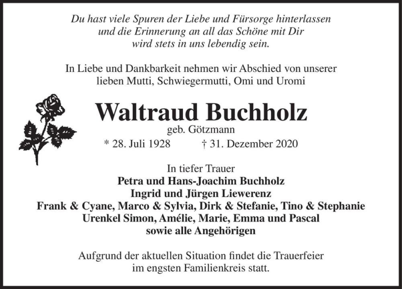  Traueranzeige für Waltraud Buchholz (geb. Götzmann)  vom 05.01.2021 aus Magdeburger Volksstimme