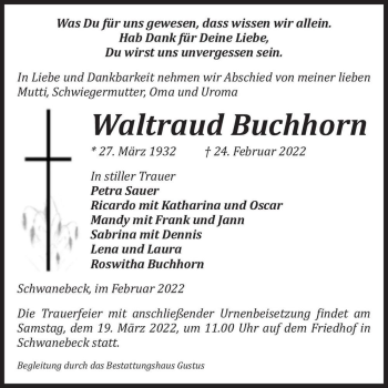 Traueranzeige von Waltraud Buchhorn  von Magdeburger Volksstimme