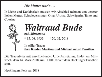 Traueranzeige von Waltraud Bude (geb. Jünemann)  von Magdeburger Volksstimme