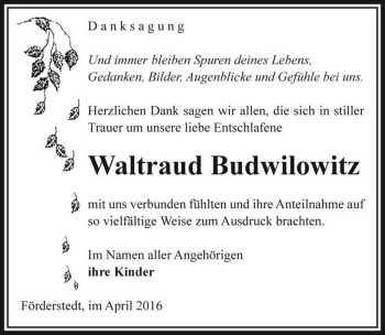 Traueranzeige von Waltraud Budwilowitz  von Magdeburger Volksstimme