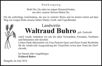 Traueranzeige von Waltraud Buhro (geb. Fackroth)  von Magdeburger Volksstimme